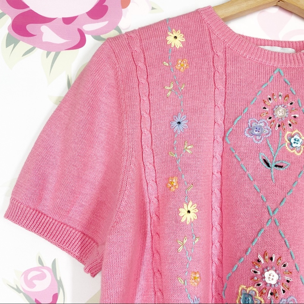 Vintage Style Pink Floral Grannycore Embroidered Knit Crop Top S - Picture 3 of 7